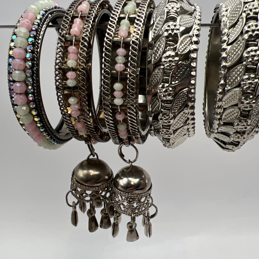 Vintage Indian Baby Kada Bangles Lot 5 Childrens Small Boho Silver Tone Jhumka